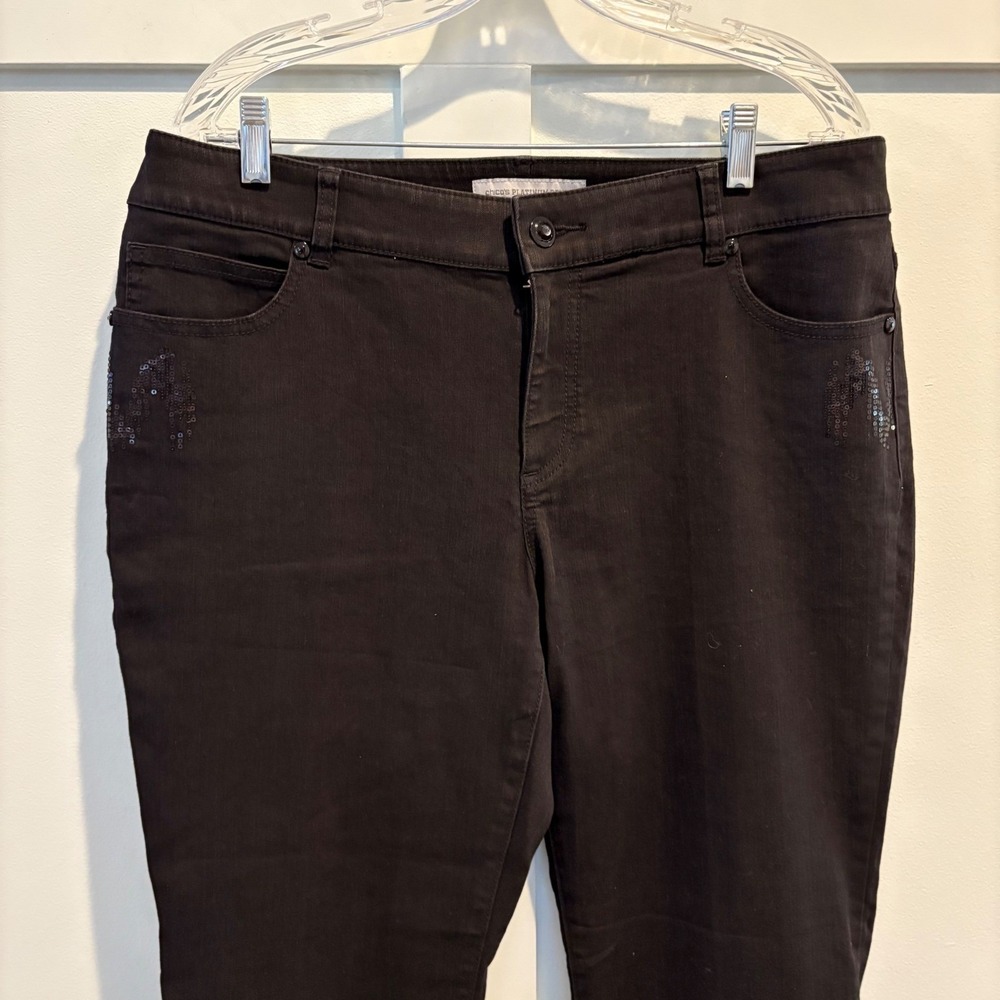 Chico's Platinum Black Sequin Pocket Flare Jeans Y2K Glam Bootcut Women's 12 (2) - Picture 8 of 16